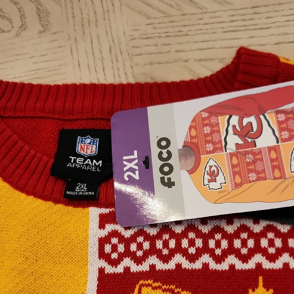 NFL NWT Kansas City Chiefs Red and Yellow Crewneck Ugly Sweater Size 2XL - Picture 2 of 5